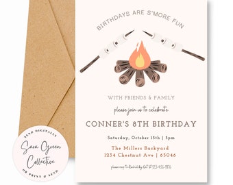 Invitación de cumpleaños con S'mores: Plantilla editable de Canva (descarga digital)