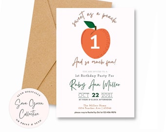 Peach 1st Birthday Invitation, Peach Invite, 1st Birthday Invitation, Instant Download, Canva Digital Download,Editable with Canva,Printable