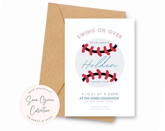 May include: A baseball-themed birthday party invitation with a red and white baseball graphic and the name "Holden" written in blue. The text "Swing on Over" is in pink and the text "To Celebrate Turning Four!" is in black. The invitation includes the date and time of the party, the location, and RSVP information.
