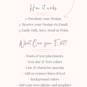 May include: A digital template guide with the title "Digital Template How to:". The text explains how the template works: purchase, receive via email, and edit. It lists editable features: fonts, text size, colors, spacing, background, photos, and graphics.
