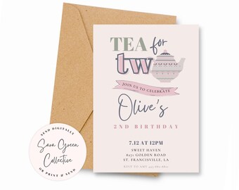 Editable Tea Party Birthday Party, Tea for Two Invitation,Tea Birthday party Invitation,Instant Download,Canva Digital Download, Printable