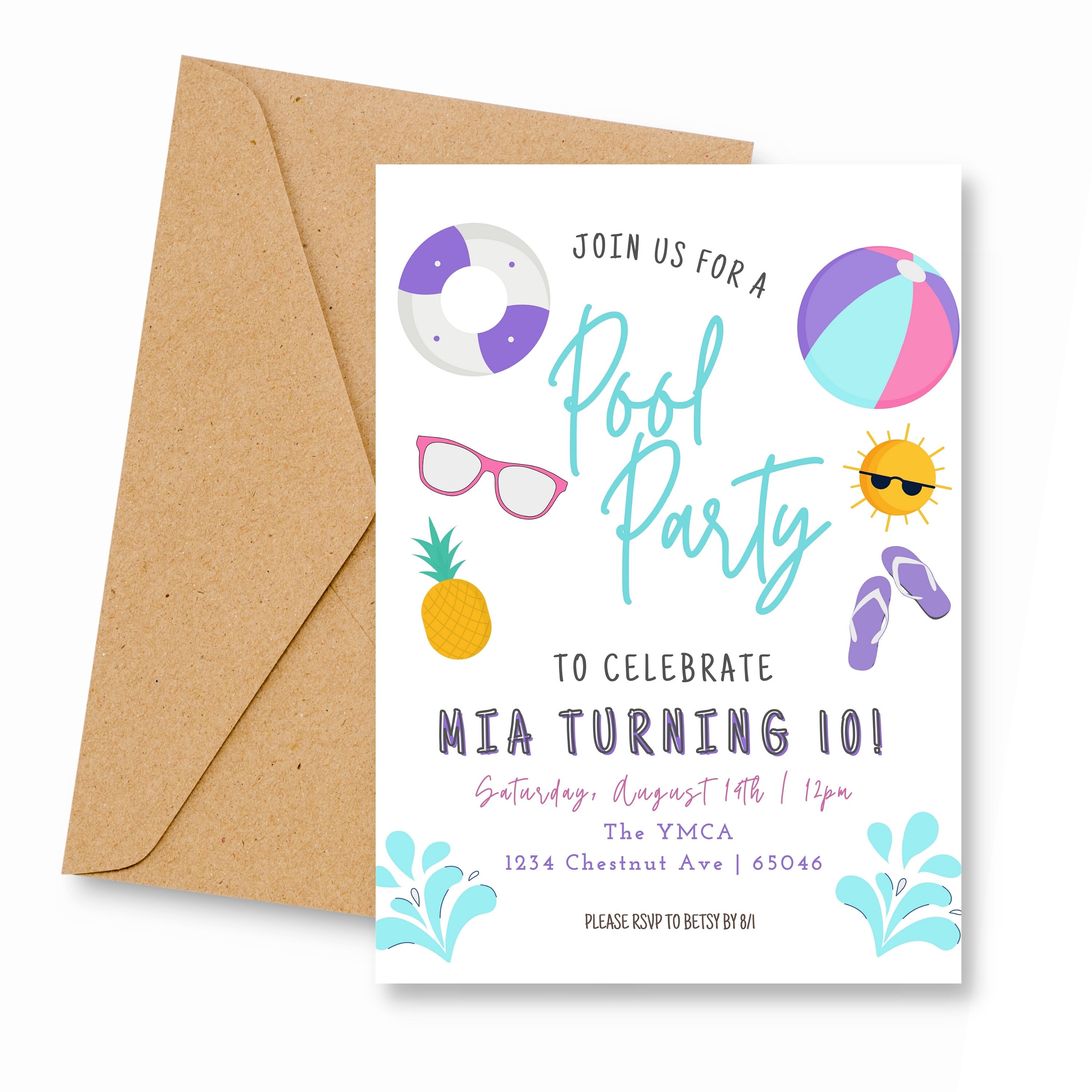 Pool Part Invitation Pool Party Invite Girl Birthday Etsy