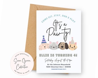 May include: A white invitation card with a blue and pink paw print design. The text reads "Come sit, stay, run & play It's a Paw-ty! Ellie is turning 4! Saturday, August 6th at 12pm At the Johnson Household 1234 Chestnut Ave | 65046 Please RSVP to Allie by 8/1"