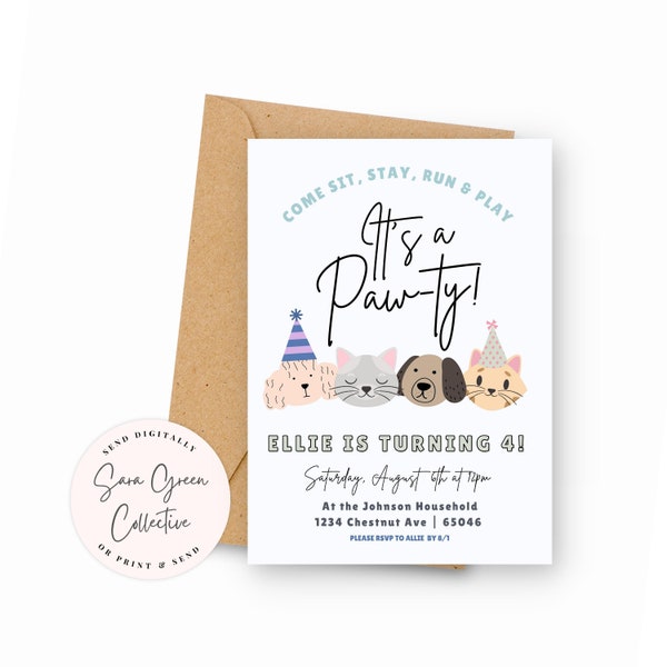 It's a Pawty Birthday,Puppy and Cat Invitation, Dog and Cat Birthday, Pawty Birthday Invitation,Instant Download, Editable,Printable,Digital