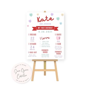 Milestone Birthday Board,First Birthday Poster Template, Sweetheart Birthday Milestone Sign, Hearts,Editable with Canva,Printable Poster