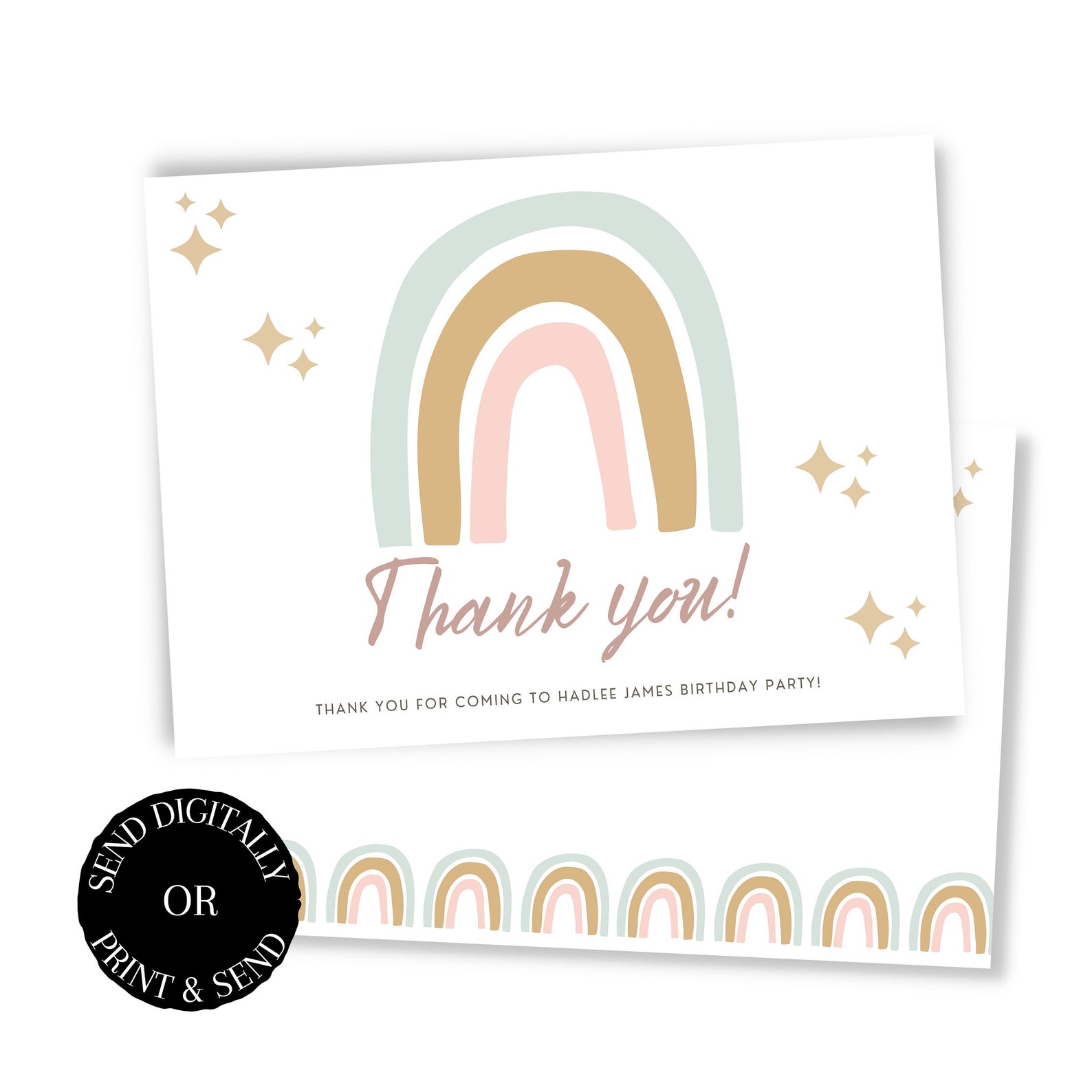 Boho Rainbow Birthday Thank You Card: Editable Canva Template (digital ...