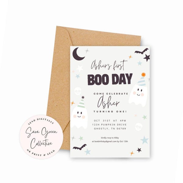 First Boo Day Birthday Invitation: Ghost Party, Editable Canva Template (Digital Download)