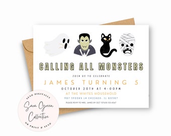 May include: A white invitation with a yellow border and the text "Calling All Monsters" in yellow letters. The invitation is for a birthday party for James turning 5. The party is on October 20th at 4:00 PM at the Whites Household, 987 Spooky Ln Chicago, IL 60567. The invitation has a pink circle with the text "Send Digitally Sara Green Collective Or Print & Send".