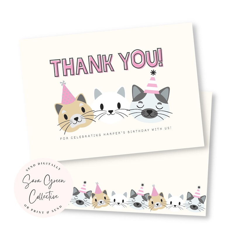 Kitten Birthday Thank You Card ,kitten Me Thanks, Birthday Thank You