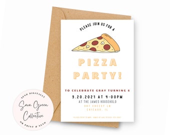 May include: A white invitation card with a brown envelope. The card features a cartoon pizza slice with pepperoni, mushrooms, and cheese. The text on the card reads "Please join us for a Pizza Party! To celebrate Gray turning 6. 9.20.2021 at 4:00PM at the James Household 987 Cheesy Ln Chicago, IL".