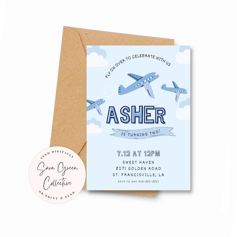 Editable Airplane Birthday Party Fly Invitation Airplane Birthday party InvitationInstant DownloadCanva Digital Download