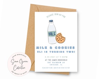 May include: A light blue and white invitation card with a cartoon illustration of a milk carton and a chocolate chip cookie. The text on the card reads "Milk & Cookies Eli is turning two!" and includes the date, time, and location of the party.