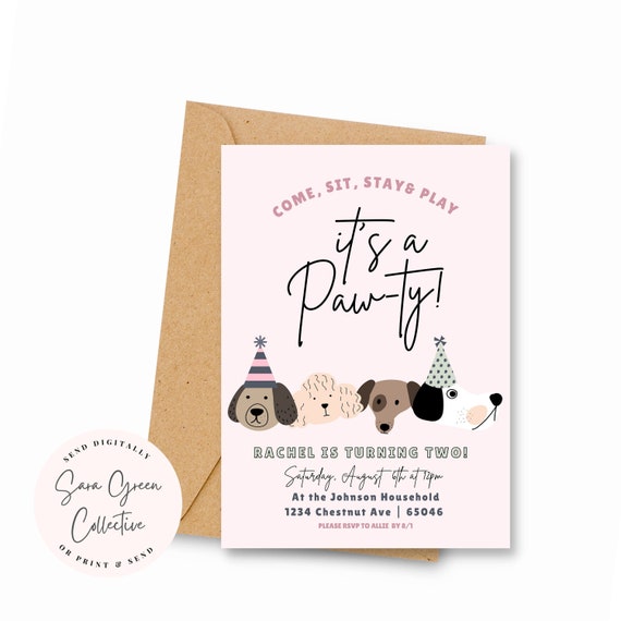 Puppy Birthday Invitation: Lets Pawty, Editable Canva Template (Digital Download)