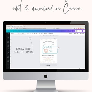 May include: A desktop computer displays a Canva design template for a birthday invitation. The invitation design features the text "Sweet One" with a donut graphic. The screen also shows the text "Templates are easy to edit & download on Canva."