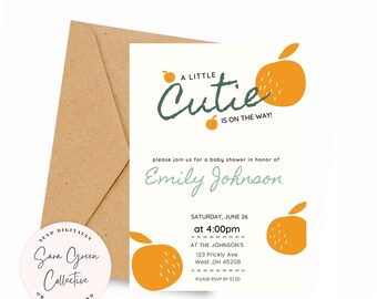 Modern Orange Themed Little Cutie Baby Shower Invitation, Orange Shower Invite, Instant Download, Canva Digital Download,Editable with Canva