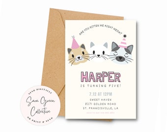 Editable Cat Birthday Invitation: Party Hats (Digital Download)