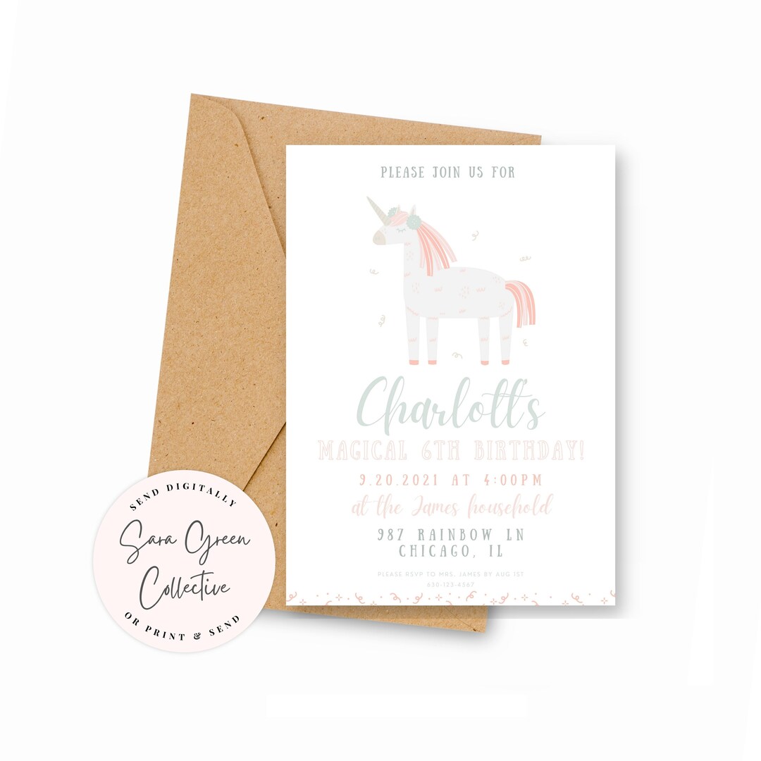 Unicorn Birthday Kids Invitation Neutral Unicorn Birthday Etsy