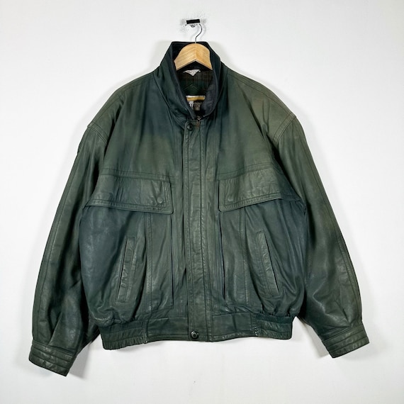 Vintage 90s Tip Top Tailors Green Leather Bomber … - image 1