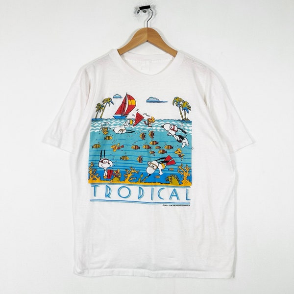 T-shirt graphique à gros imprimés Snoopy Tropical rare vintage des années 90