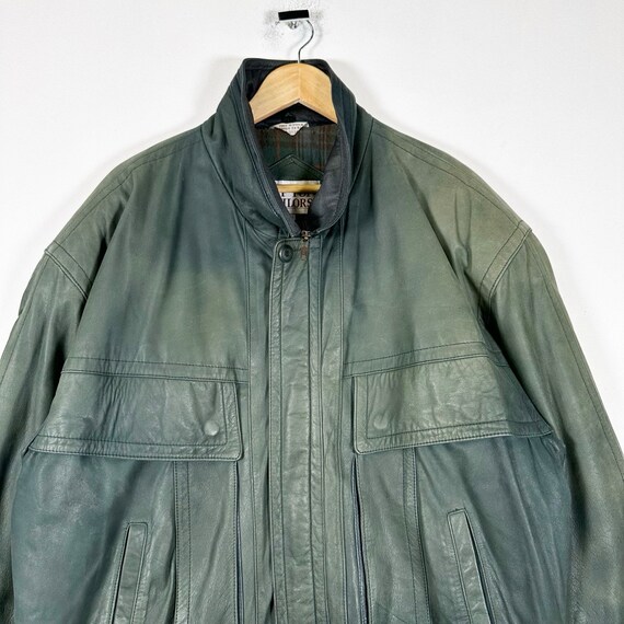 Vintage 90s Tip Top Tailors Green Leather Bomber … - image 2