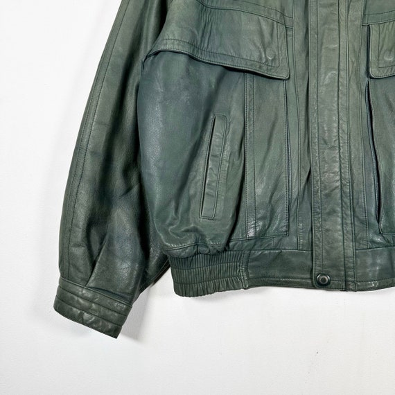 Vintage 90s Tip Top Tailors Green Leather Bomber … - image 3