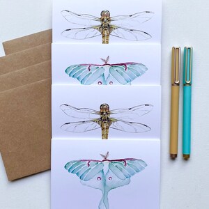 4 Watercolor Luna Moth and Dragonfly Greeting Cards, Original Hand Painted Designs
