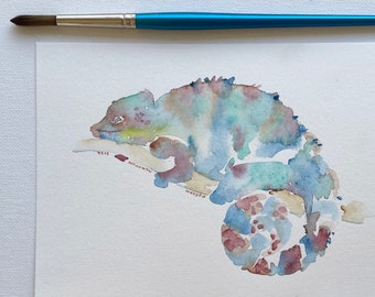 Original 5x7 Watercolor Chameleon Painting