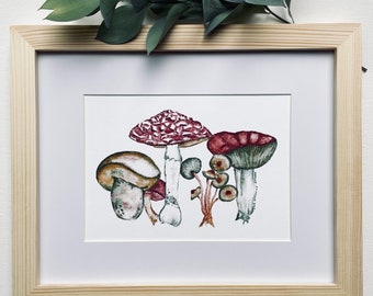 Watercolor Mushrooms 5x7 Art Print, Original Hand Painted Design