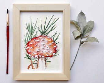 Framed Original 5x7 Watercolor Painting, Fly Agaric