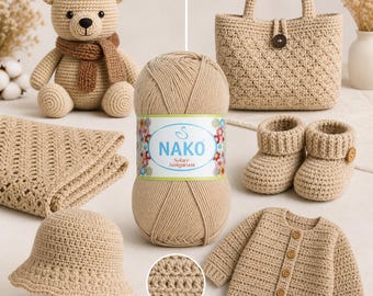 May include: A collection of crocheted items in a light brown color, including a teddy bear, blanket, handbag, baby booties, a hat, and a cardigan. A ball of yarn with the text "NAKO Solare Amigurumi" is in the center. A close-up of the crochet stitch is also shown.