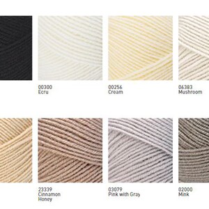 May include: Yarn samples in various colours, including black, ecru, cream, mushroom, camel hair, cinnamon honey, pink with grey, and mink.