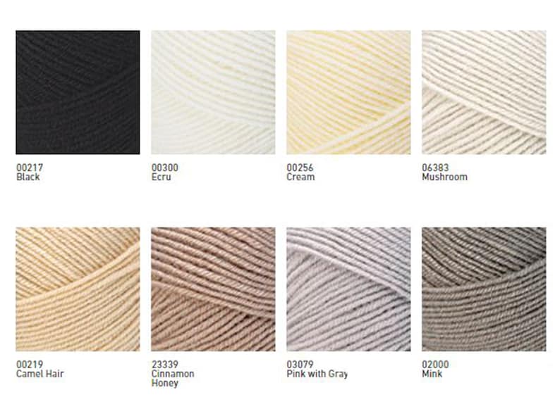 May include: Yarn samples in various colours, including black, ecru, cream, mushroom, camel hair, cinnamon honey, pink with grey, and mink.