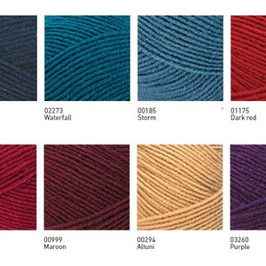 May include: Yarn samples in various colours, including navy blue, teal, blue, red, maroon, beige, and purple. Each sample is labelled with a number and a colour name.