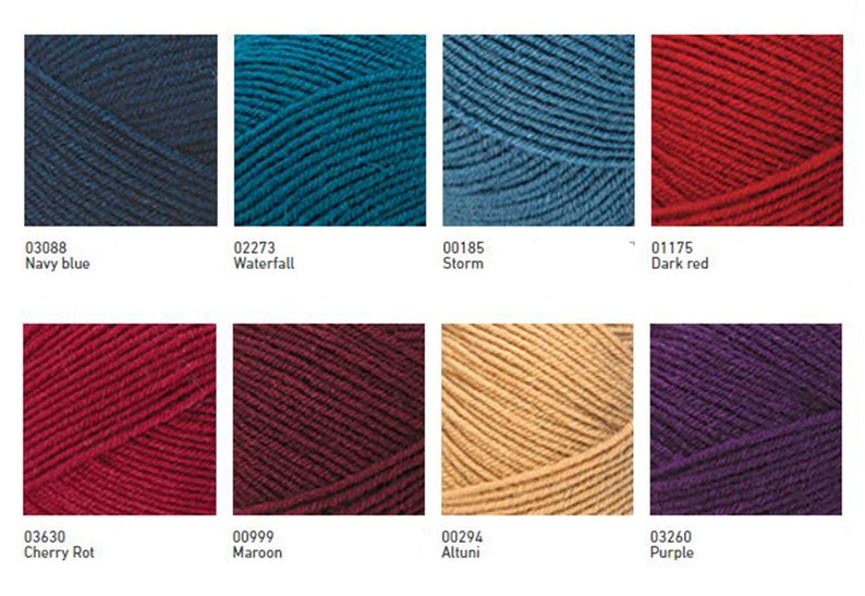 May include: Yarn samples in various colours, including navy blue, teal, blue, red, maroon, beige, and purple. Each sample is labelled with a number and a colour name.