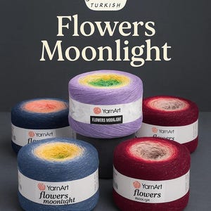 Könnte beinhalten: Fünf Knäuel YarnArt Flowers Moonlight Garn in verschiedenen Farben, darunter Blau, Lila und Rot. Jedes Knäuel hat einen Farbverlaufseffekt. Der Text "Flowers Moonlight" ist enthalten.