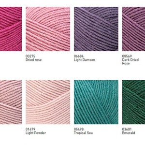 May include: Yarn samples in various colours, including fuchsia, dried rose, light damson, dark dried rose, pinkish powder, light powder, tropical sea, and emerald.