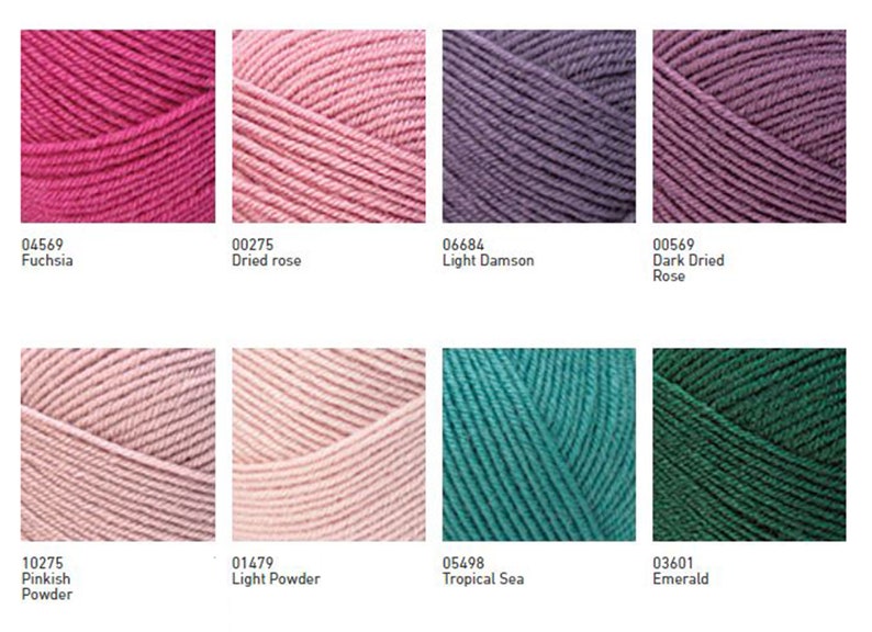 May include: Yarn samples in various colours, including fuchsia, dried rose, light damson, dark dried rose, pinkish powder, light powder, tropical sea, and emerald.