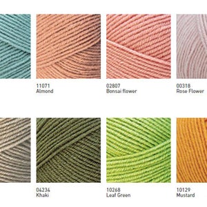 May include: Yarn samples in various colours, including mint, almond, bonsai flower, rose flower, paper bag, khaki, leaf green, and mustard.