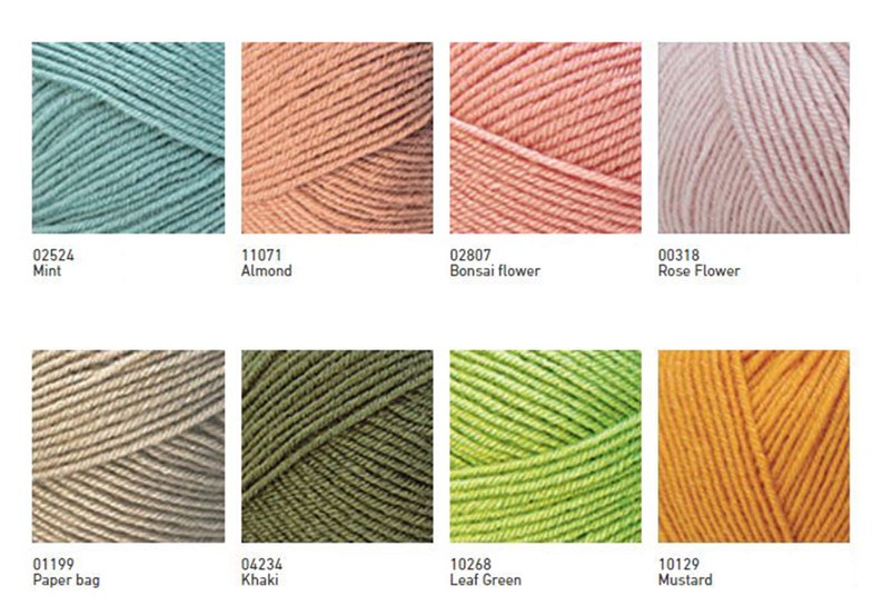 May include: Yarn samples in various colours, including mint, almond, bonsai flower, rose flower, paper bag, khaki, leaf green, and mustard.