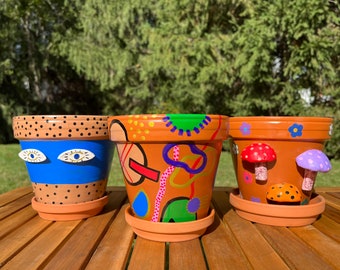 Eclectic colorful hand painted plater pots/Funky planters/cute terracotta planter pot/funky eclectic home decor/Plant lady gifts/planters