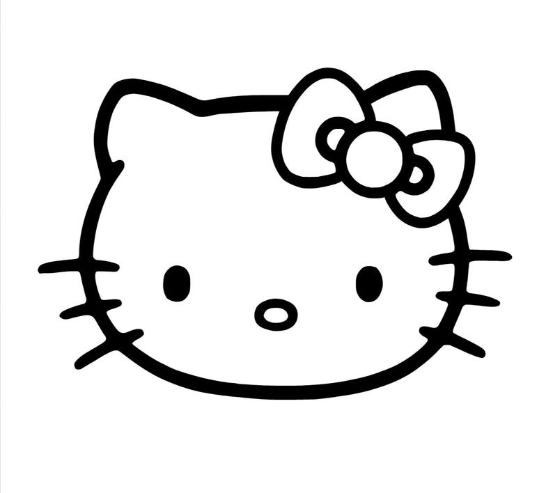 Puede incluir: Ilustraci&oacute;n en blanco y negro de una cara de gato de dibujos animados. El gato tiene un gran lazo en la cabeza, ojos negros y bigotes. El dise&ntilde;o es simple y limpio, con contornos negros gruesos.