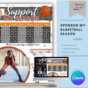 Bearbeitbare Basketball-Sponsor My Season Fundraiser-Vorlage, Sofortiger Download, um Schulsport-Unterstützung zu sammeln, ausfüllbar und druckbar