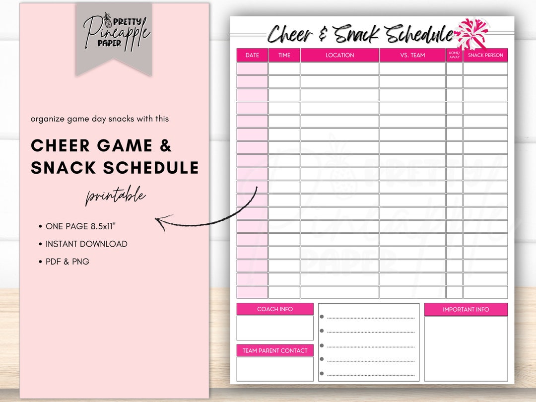 Printable Cheerleader Squad Game Day and Snack Schedule, Instant
