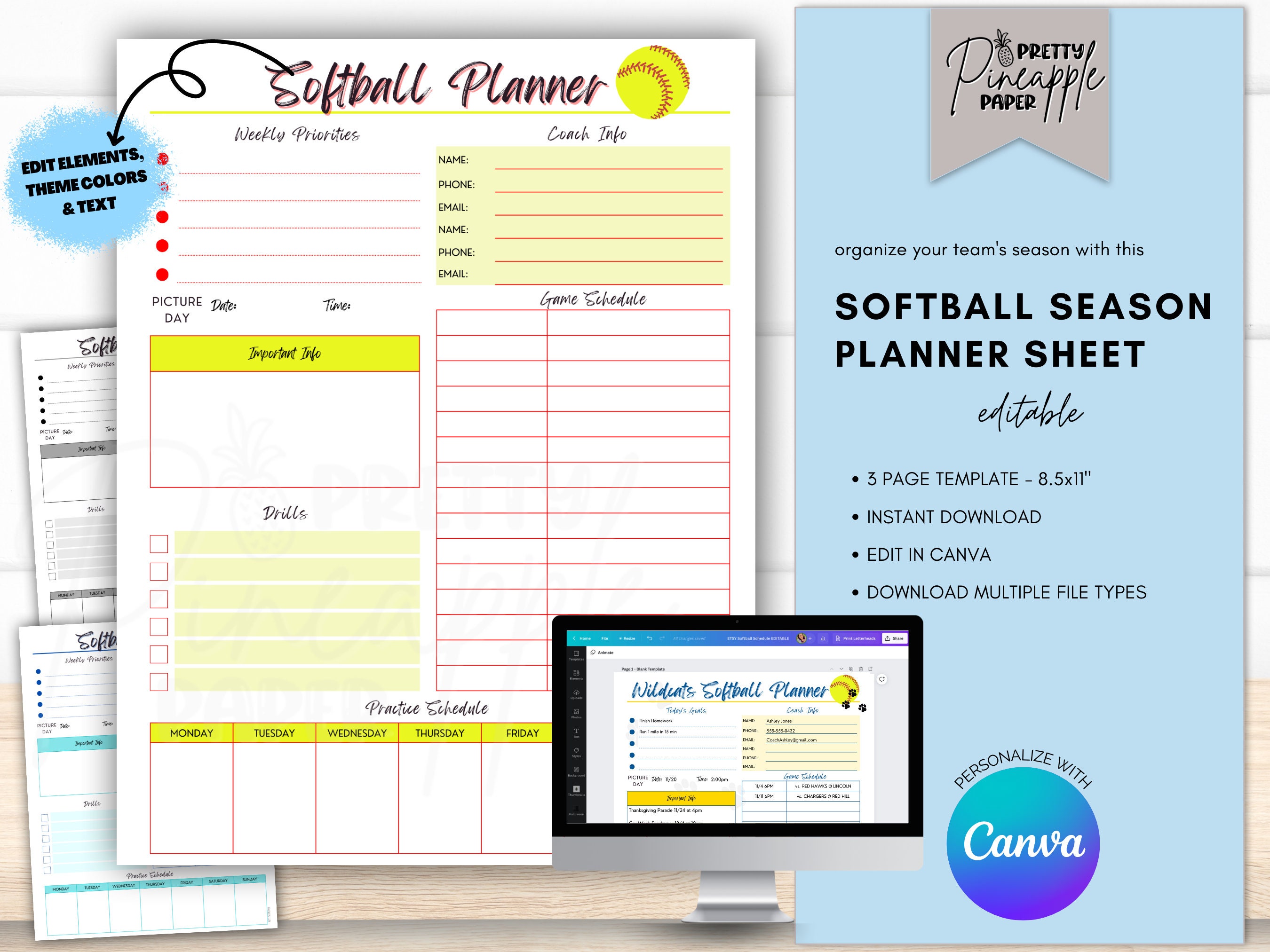 Editable Softball Season Planner Sheet, Instant Digital Download, Edit