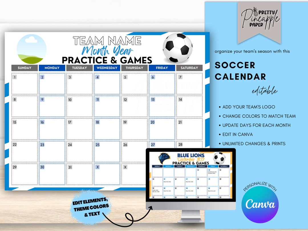 Editable Soccer Calendar Template, Instant Download Practice Game