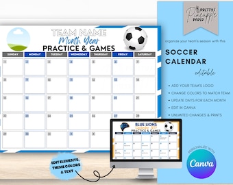 Editable Soccer Calendar Template, Instant Download Practice Game Schedule for Soccer Season, Fillable Printable, Team Mom, Coach Planner