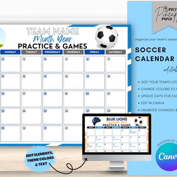 Editable Soccer Calendar Template, Instant Download Practice Game Schedule for Soccer Season, Fillable Printable, Team Mom, Coach Planner