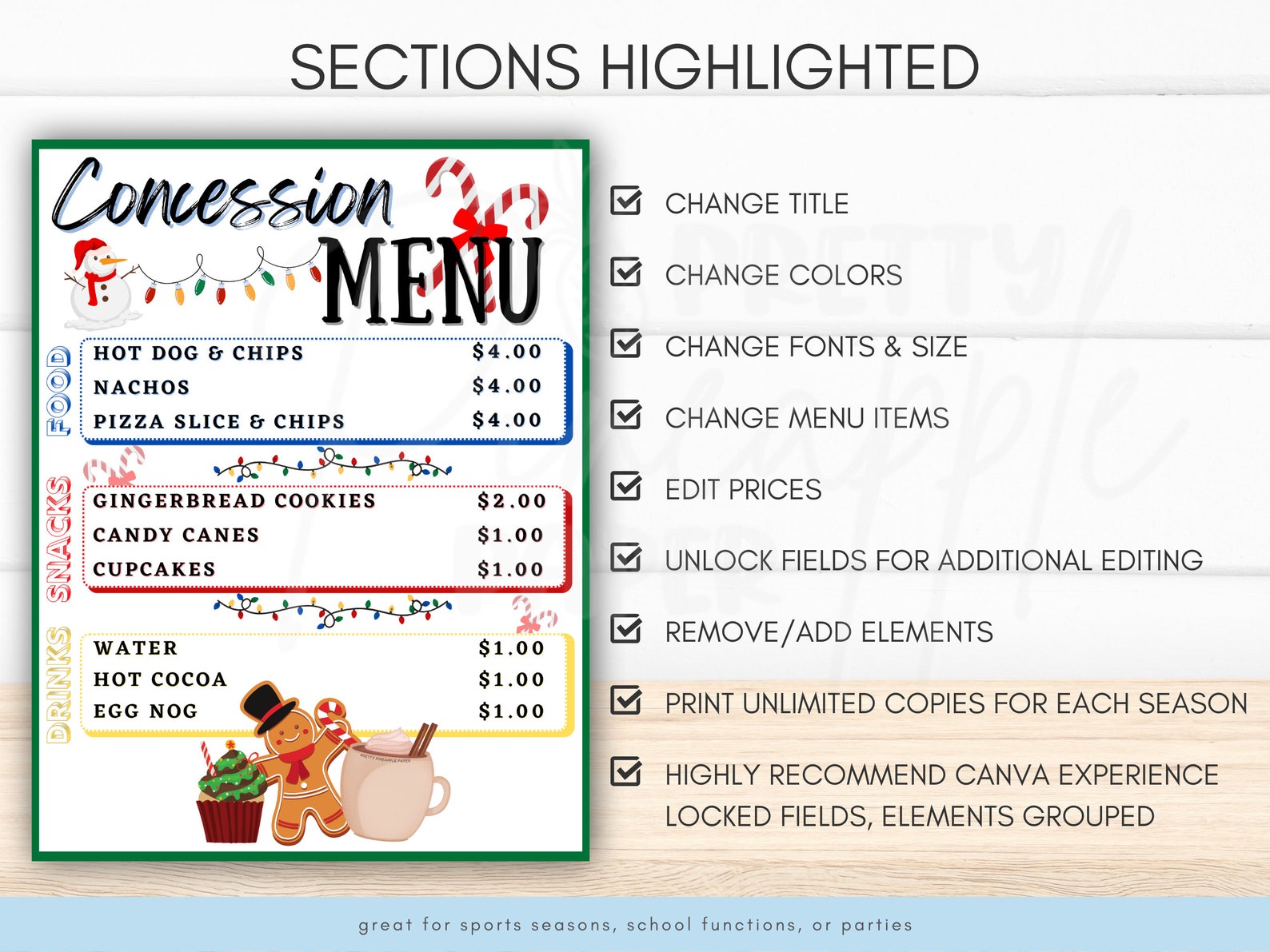 Editable Concession Stand Menu Christmas Holiday, Canva Template, Party ...
