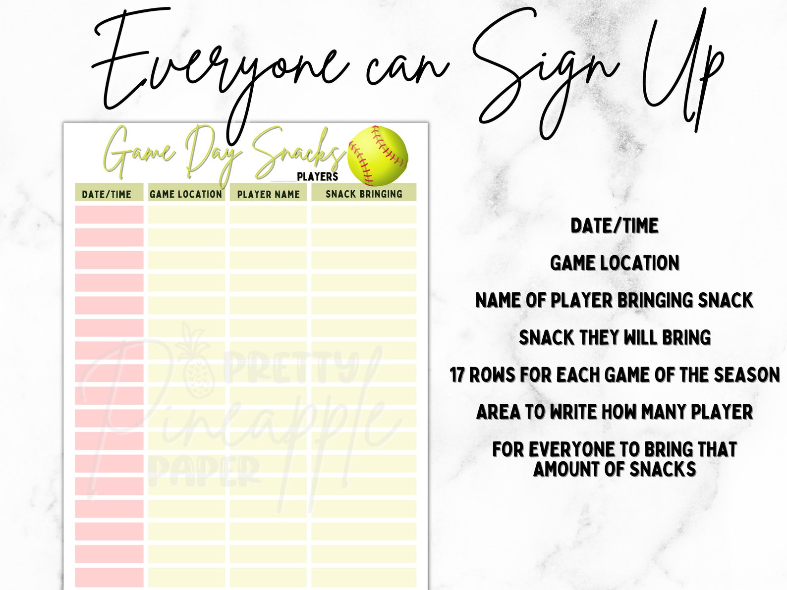 Printable Team Volunteer Snack Sign up Sheet Download Game Etsy