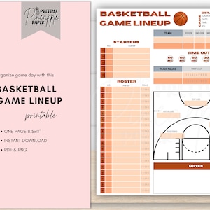 Printable Basketball Game Lineup, Roster, Scoring, Court, Bench, Positions Instant Download for Coach and Team Mom Dad for Game Day Schedule